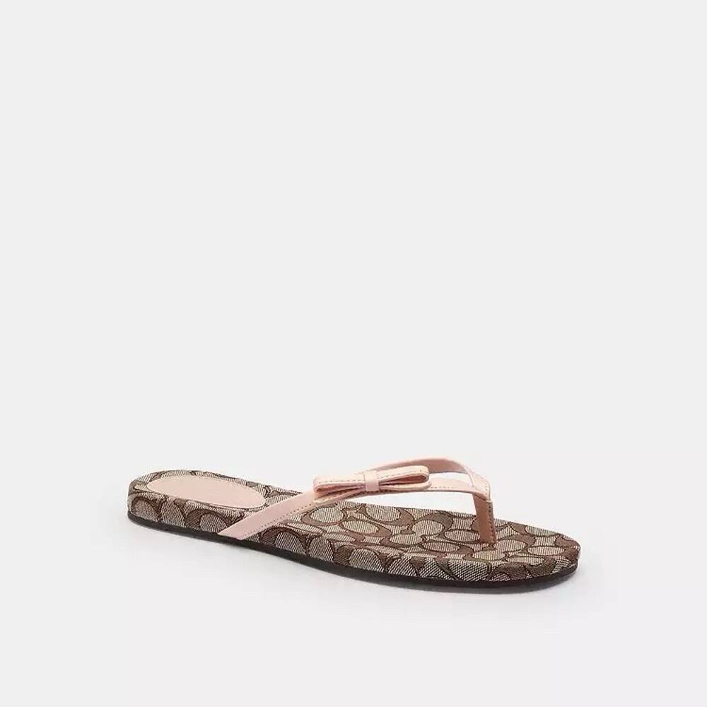 NWT Coach Woman Bow Flip Flop Signature Jacquard Oak/Candy Pink CEE17 us 9 - Picture 6 of 8